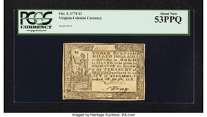 image for: Virginia October 5, 1778 $3 PCGS About New 53PPQ....
