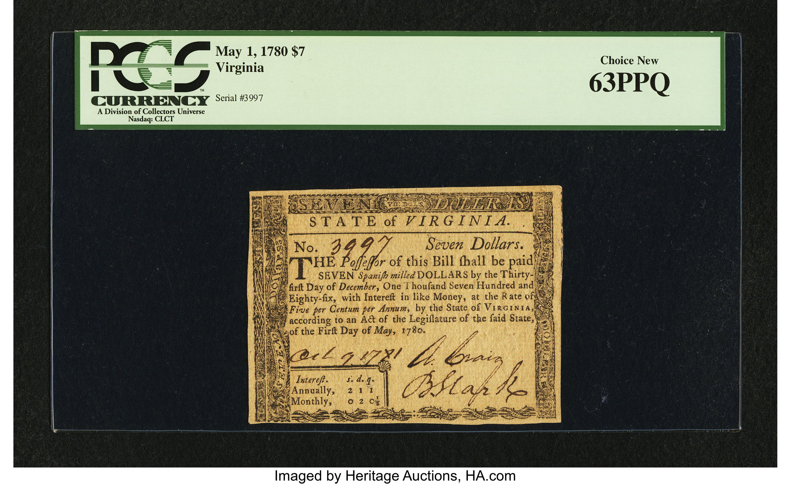 image for: Virginia May 1, 1780 $7 PCGS Choice New 63PPQ....