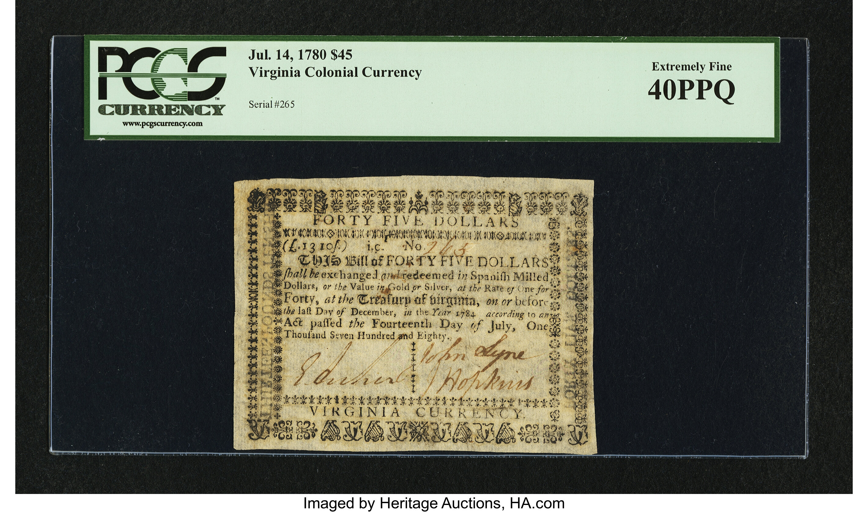 image for: Virginia July 14, 1780 $45 PCGS Extremely Fine 40PPQ....