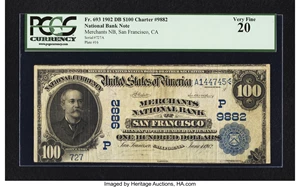 image for: San Francisco, CA - $100 1902 Date Back Fr. 693 Merchants NB Ch. # (P)9882...