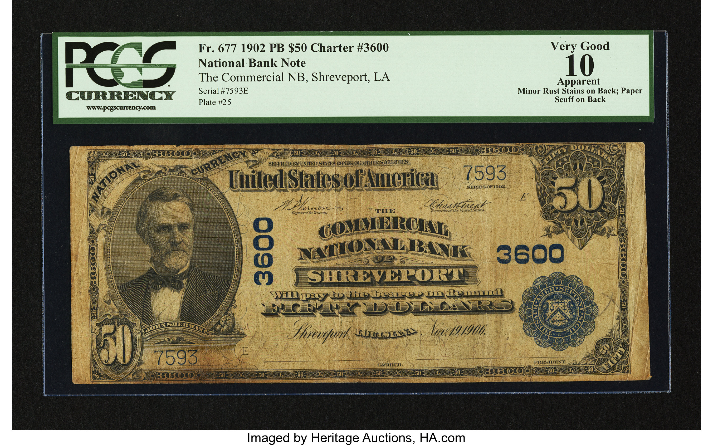 image for: Shreveport, LA - $50 1902 Plain Back Fr. 677 The Commercial NB Ch. # 3600...