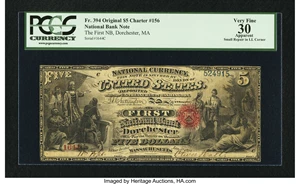 image for: Dorchester, MA - $5 Original Fr. 394 The First NB Ch. # 156...