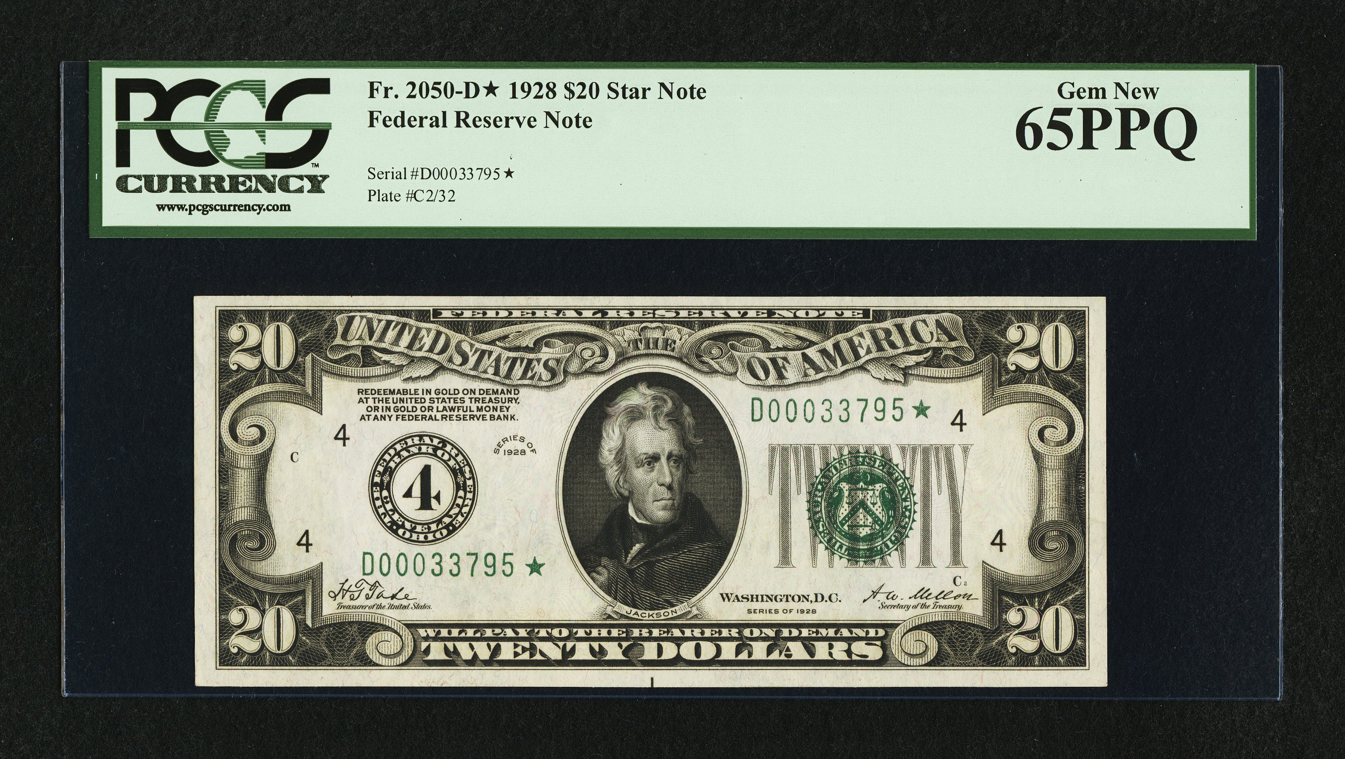 image for: Fr. 2050-D* $20 1928 Federal Reserve Note. PCGS Gem New 65PPQ....