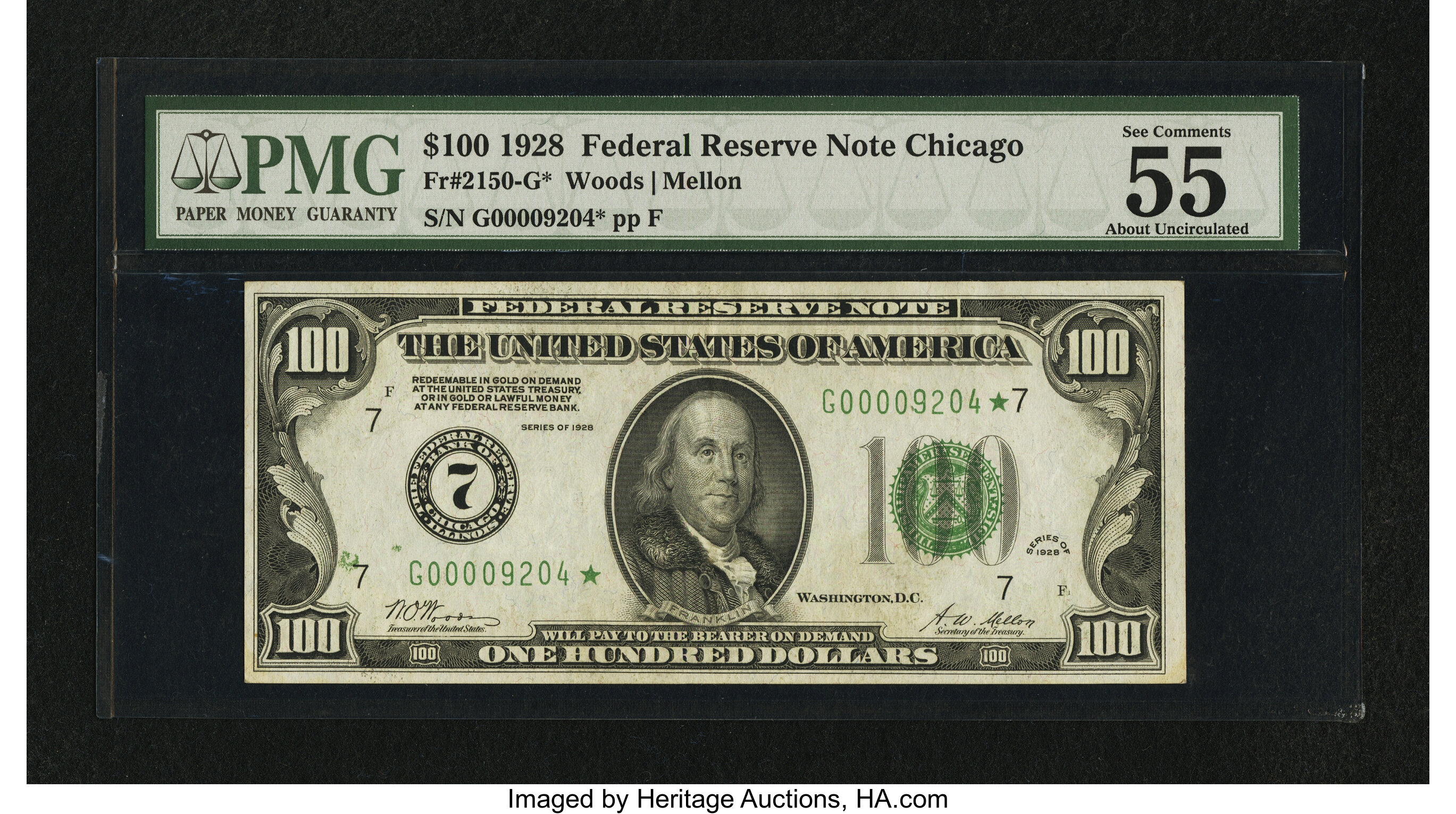 image for: Fr. 2150-G* $100 1928 Federal Reserve Note. PMG About Uncirculated 55 EPQ....