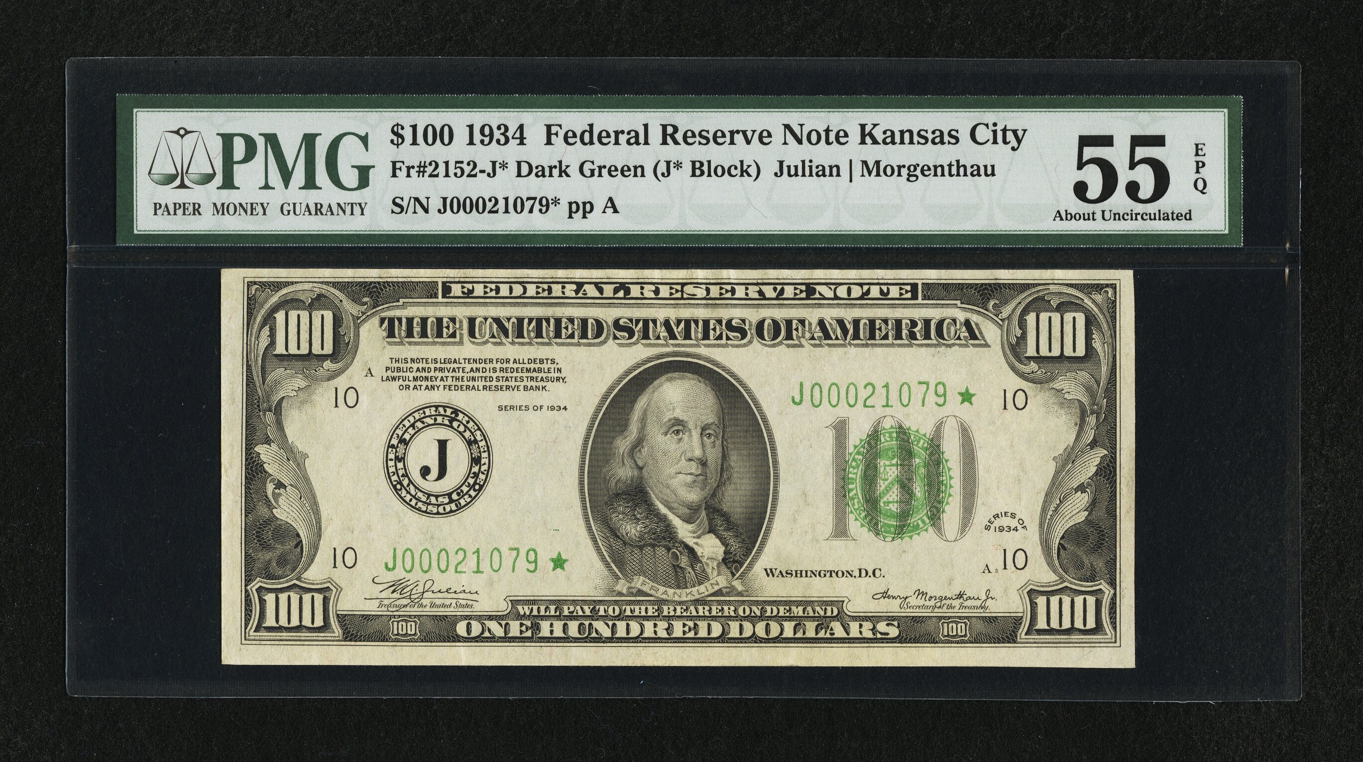 image for: Fr. 2152-J* $100 1934 Federal Reserve Note. PMG About Uncirculated 55 EPQ....