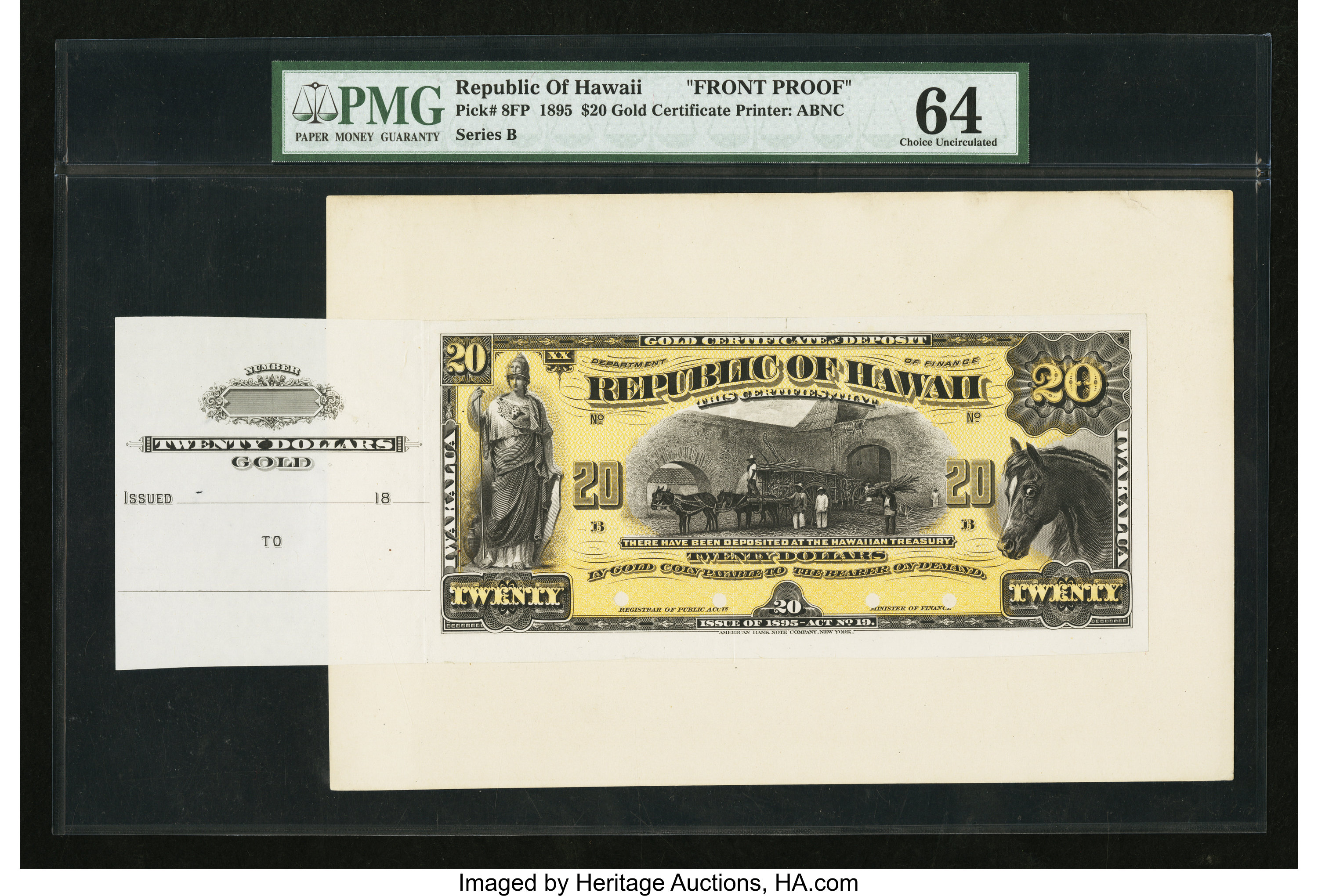 Republic of Hawaii $20 Gold Certificate of Deposit 1895 (1899) Series B Pick 8fp Face Proof ...