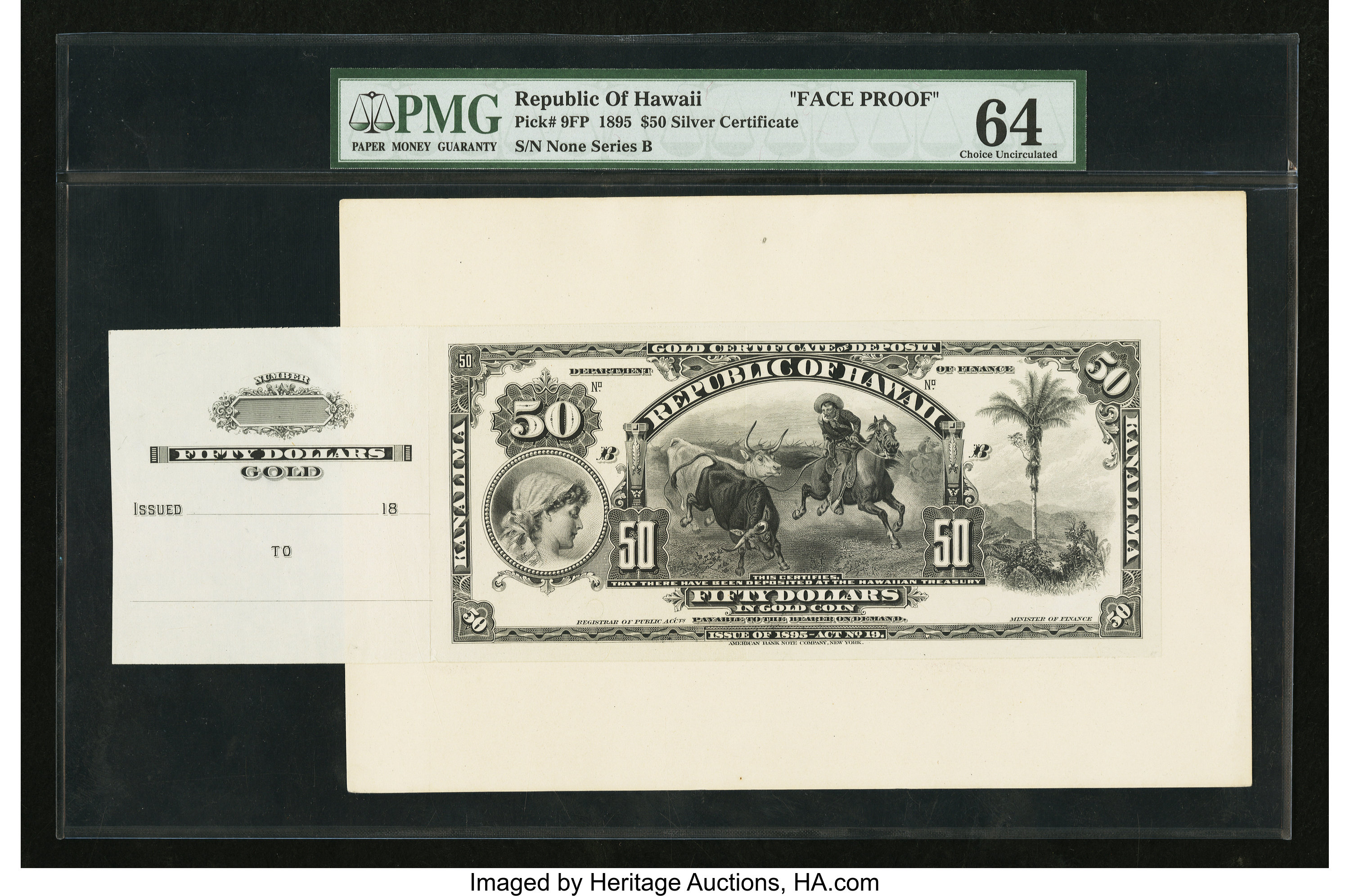 Republic of Hawaii $50 Gold Certificate of Deposit 1895 (1899) Series B Pick 9fp Face Proof ...