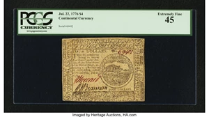 image for: Continental Currency July 22, 1776 $4 PCGS Extremely Fine 45....