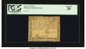 image for: Maryland August 14, 1776 $8 PCGS Very Fine 20....