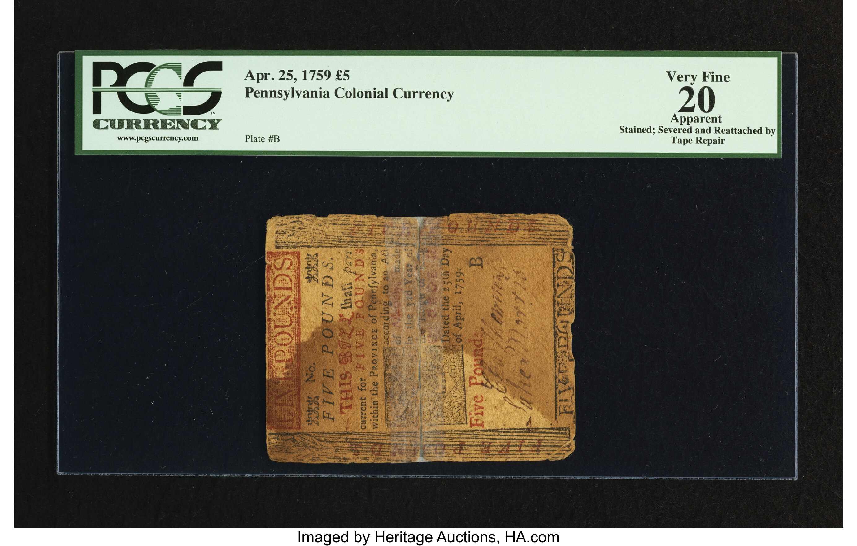 image for: Pennsylvania April 25, 1759 £5 PCGS Apparent Very Fine 20....