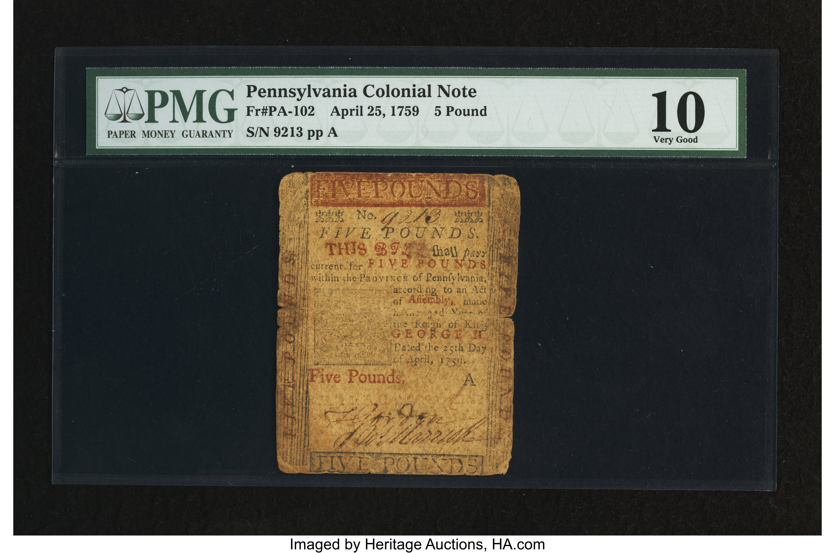 image for: Pennsylvania April 25, 1759 £5 PMG Very Good 10....