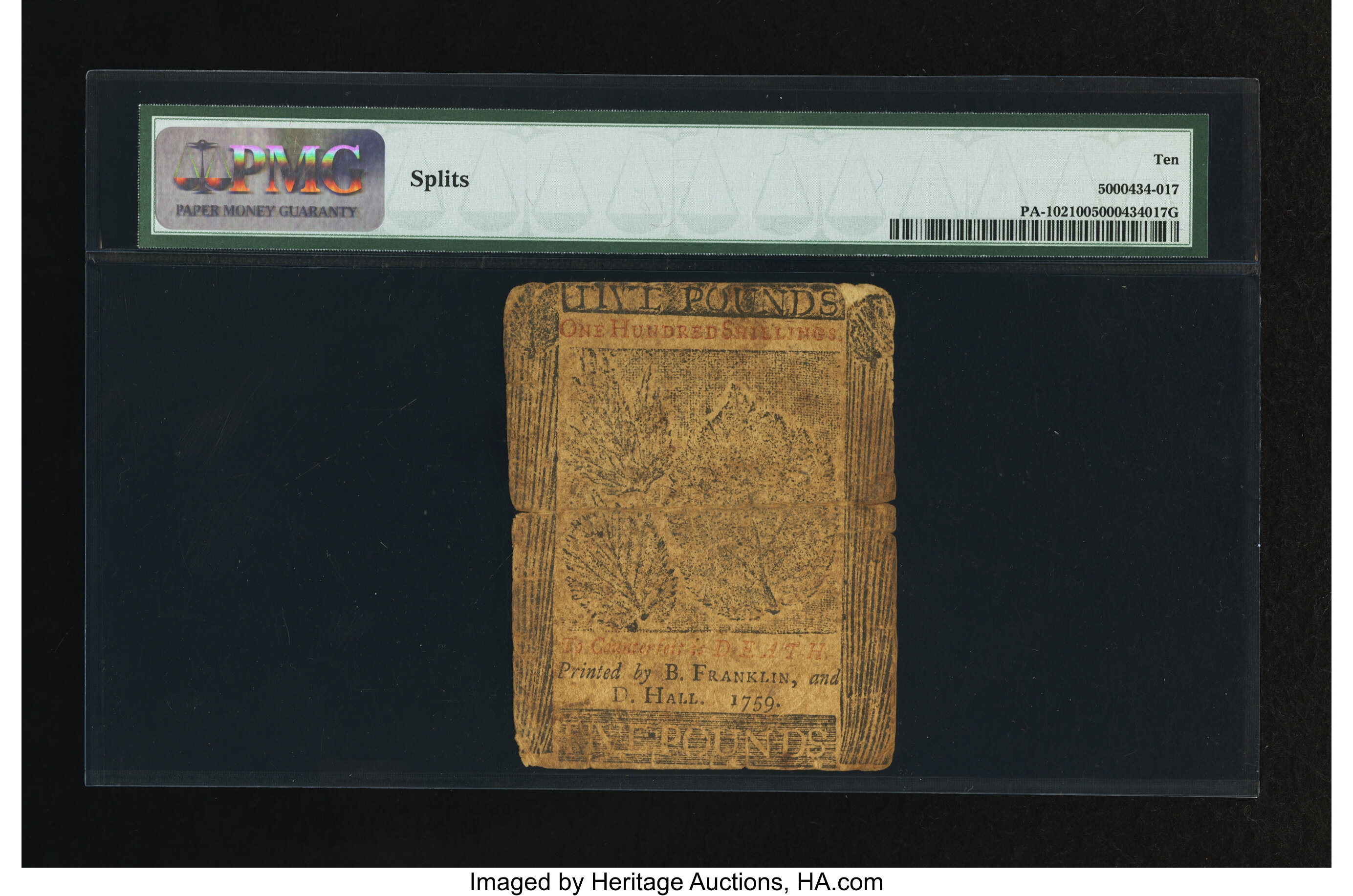 image for: Pennsylvania April 25, 1759 £5 PMG Very Good 10....