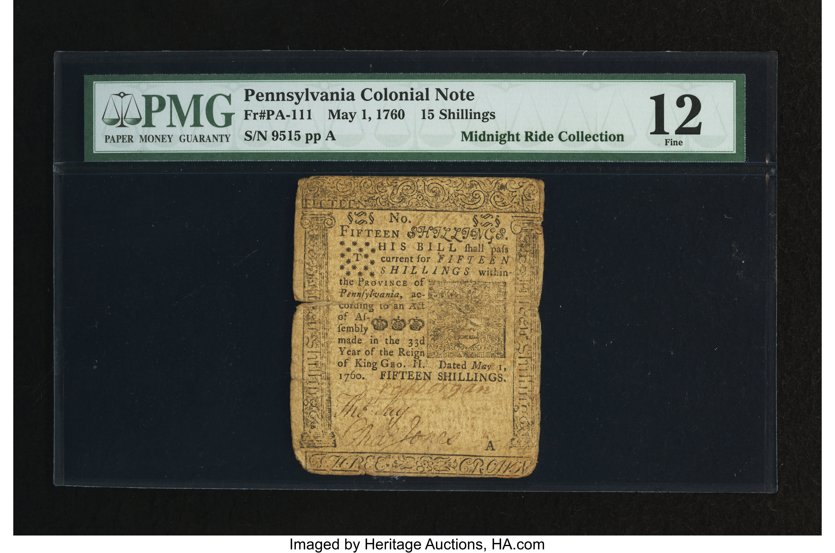 image for: Pennsylvania May 1, 1760 15s PMG Fine 12....