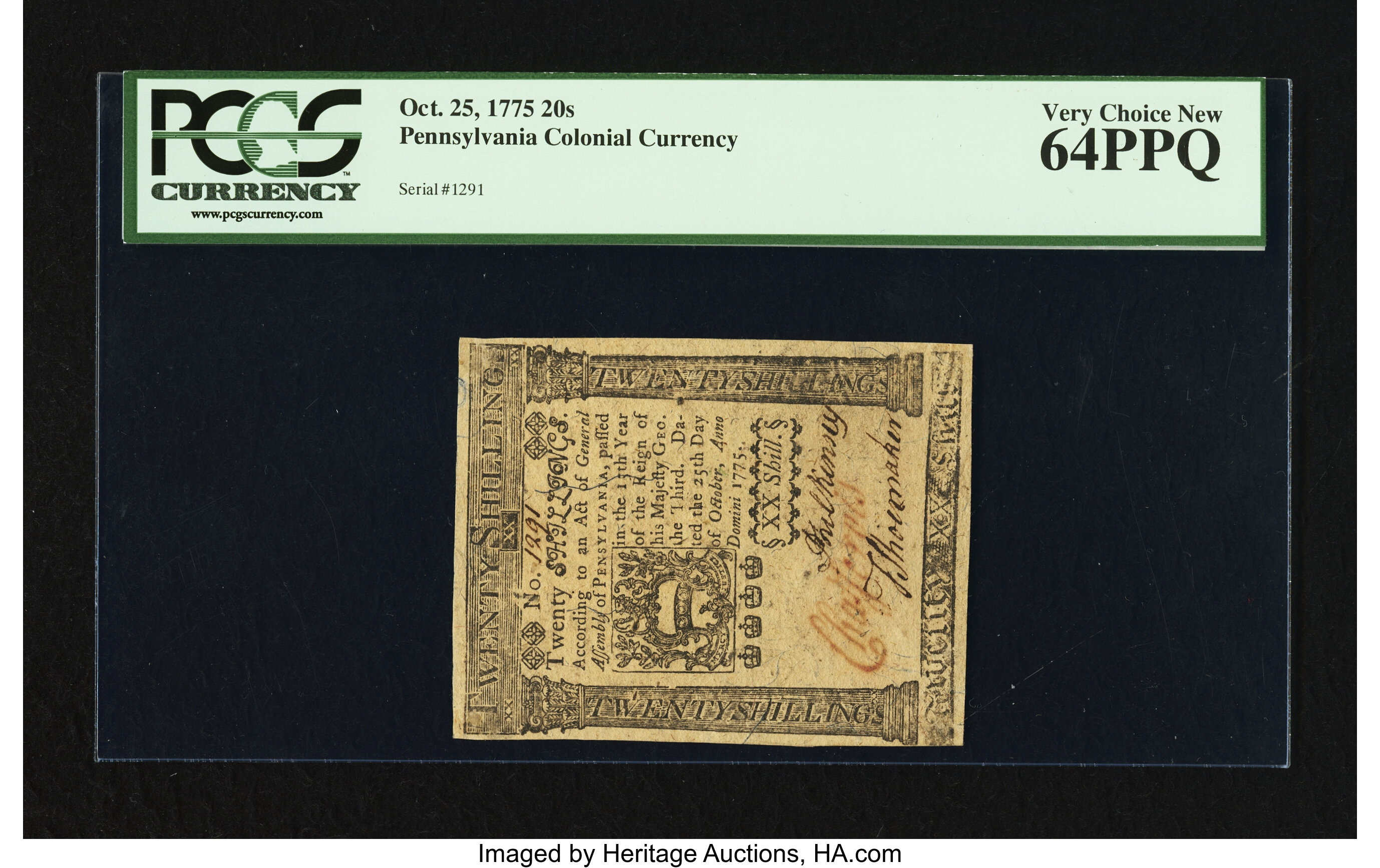 image for: Pennsylvania October 25, 1775 20s PCGS Very Choice New 64PPQ....