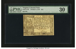 image for: Virginia October 5, 1778 $15 PMG Very Fine 30....