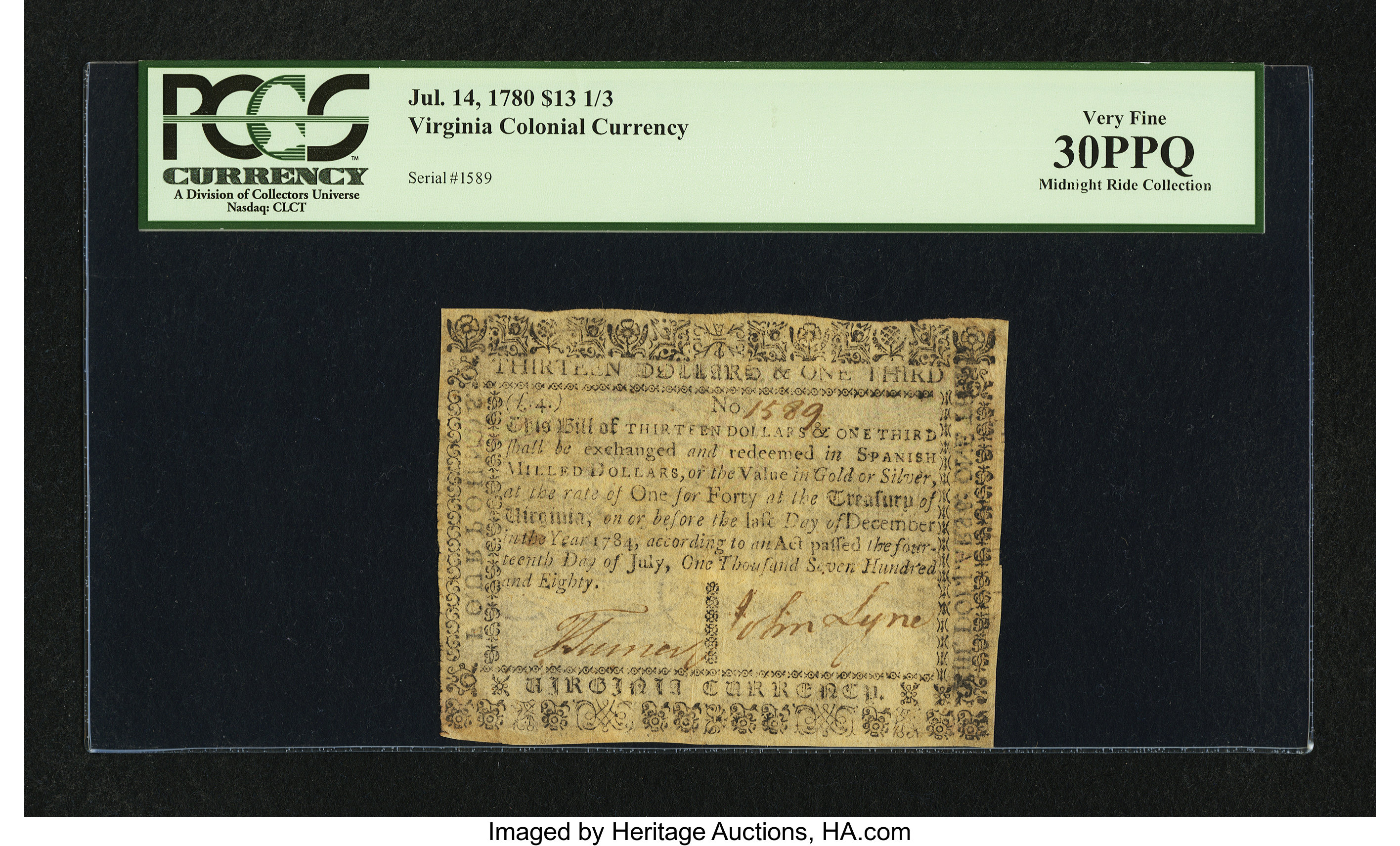 image for: Virginia July 14, 1780 $13 1/3 PCGS Very Fine 30PPQ....