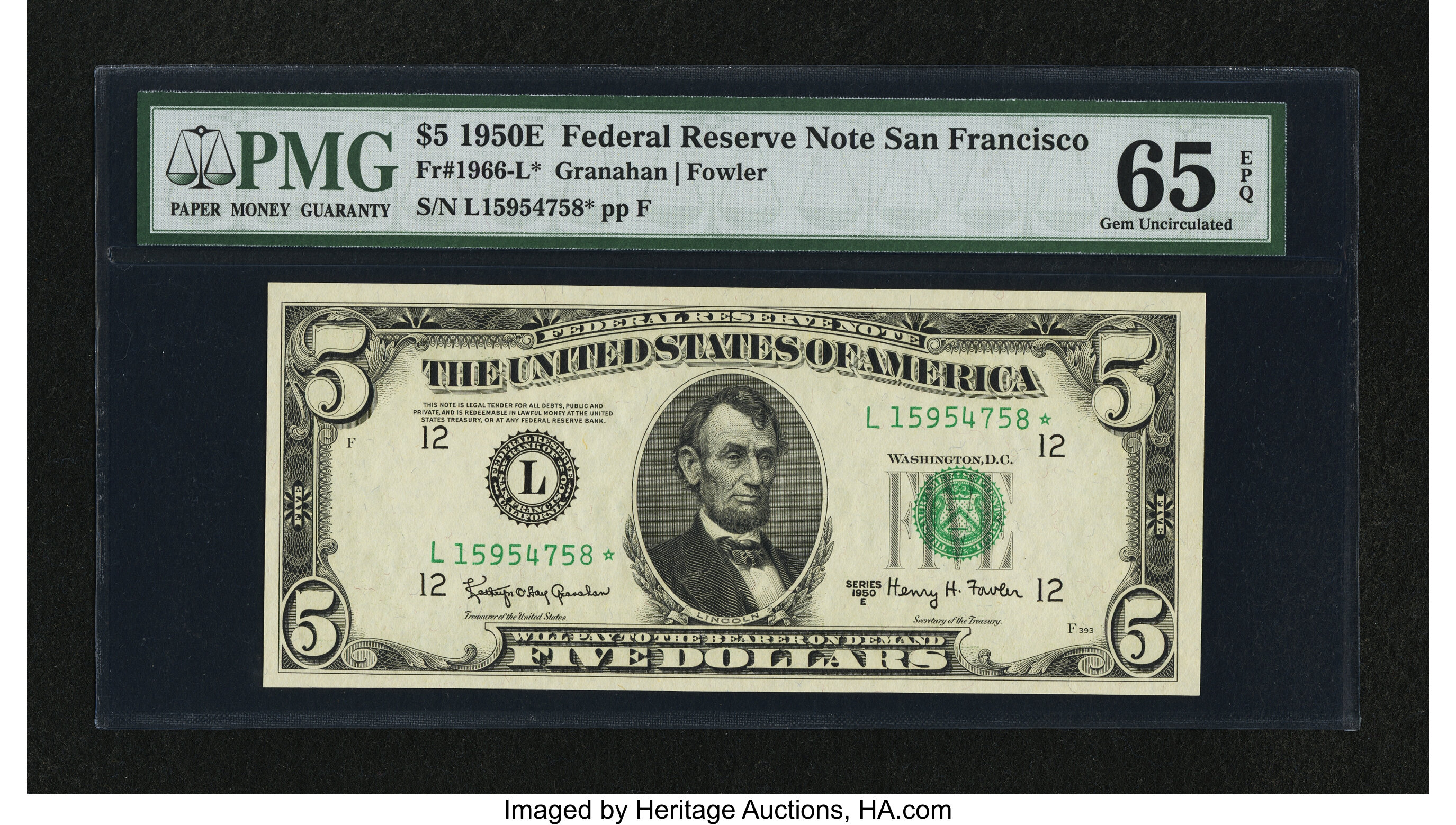 image for: Fr. 1966-L* $5 1950E Federal Reserve Note. PMG Gem Uncirculated 65 EPQ....