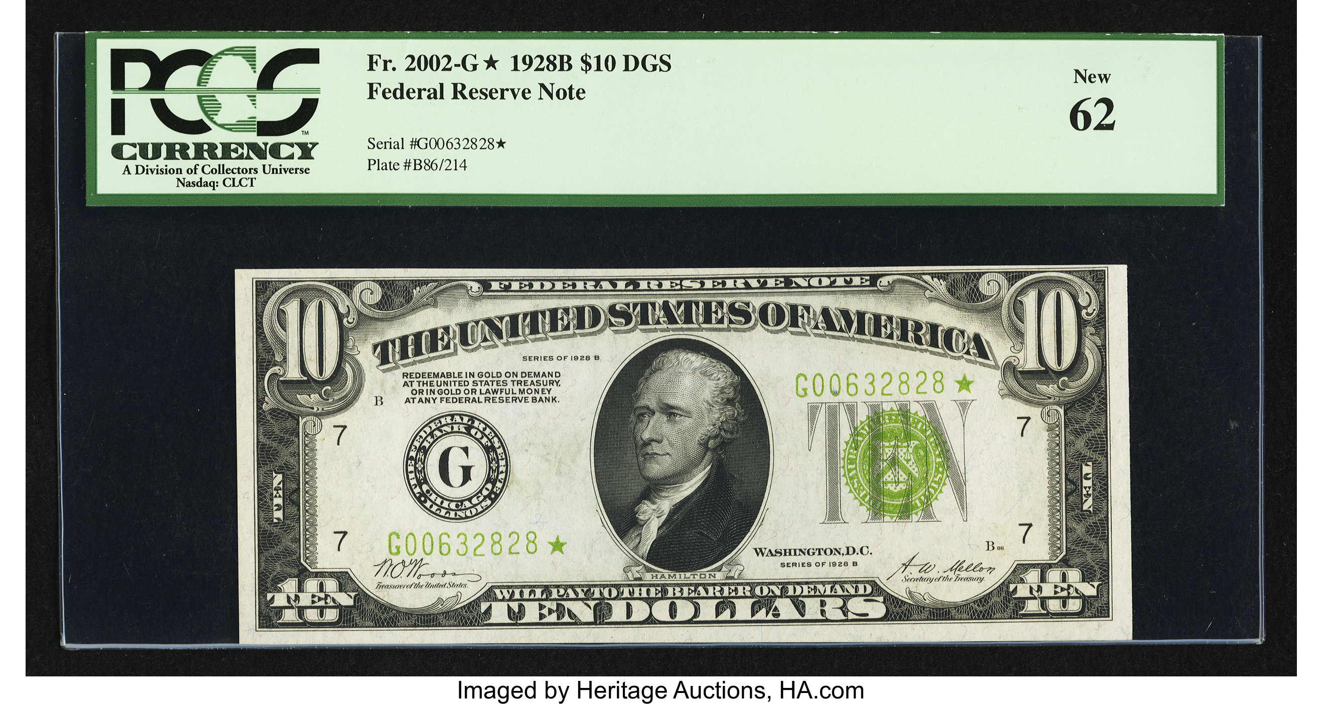 image for: Fr. 2002-G* $10 1928B Light Green Seal Federal Reserve Star Note. PCGS New 62....
