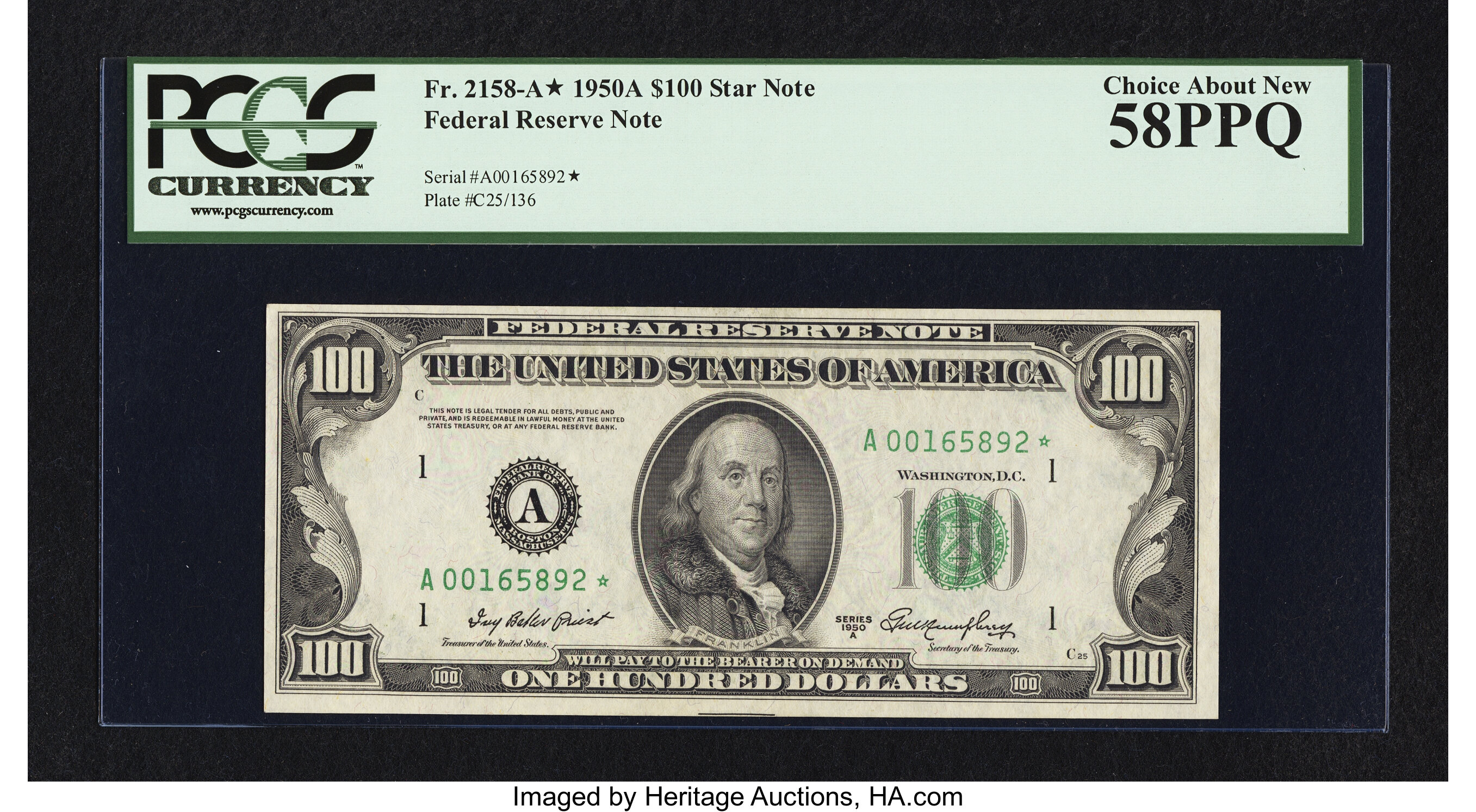 image for: Fr. 2158-A* $100 1950A Federal Reserve Star Note. PCGS Choice About New 58PPQ....