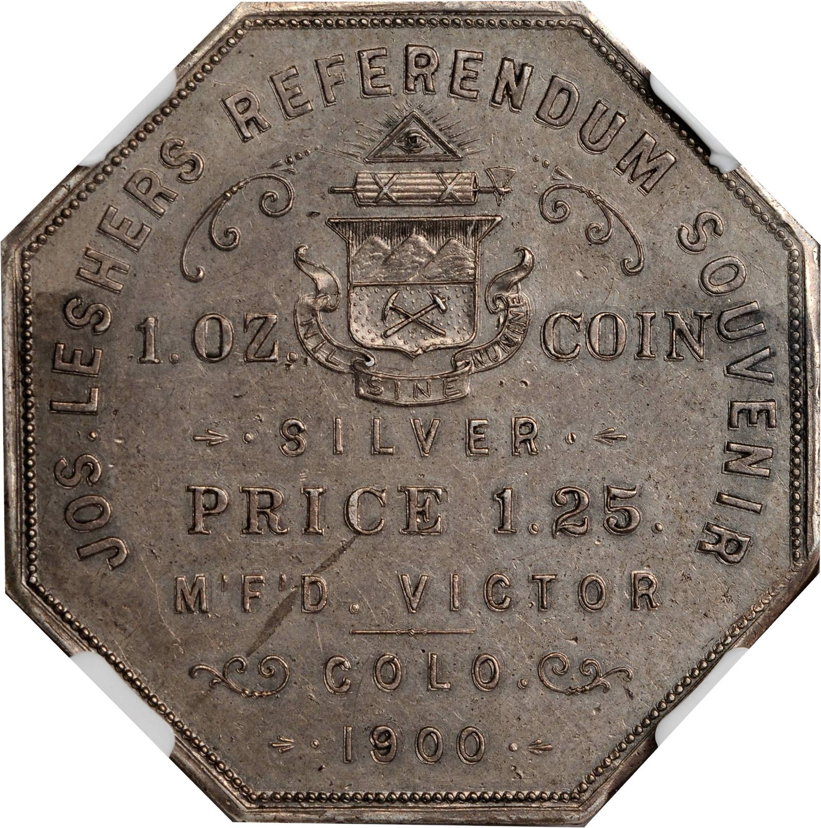 image for: 1900 Lesher Referendum Dollar. HK-788, Zerbe-2. Rarity-5. A.B. Bumstead Type, First Reverse. Silver. No. 181--Triple Struck--MS-61 (NGC).