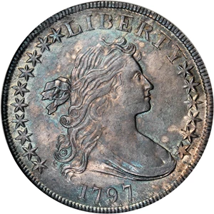 image for: 1797 Draped Bust Silver Dollar. B-3, BB-71, Bowers Die State III. Rarity-2. Stars 10X6, Large Letters. MS-65 (NGC).