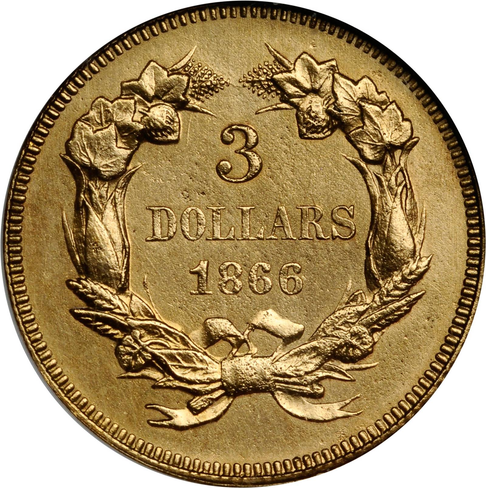 image for: 1866 Pattern Three Dollars. Judd-543 Gilt, Pollock-608. Rarity-7+. Proof-62 (NGC).