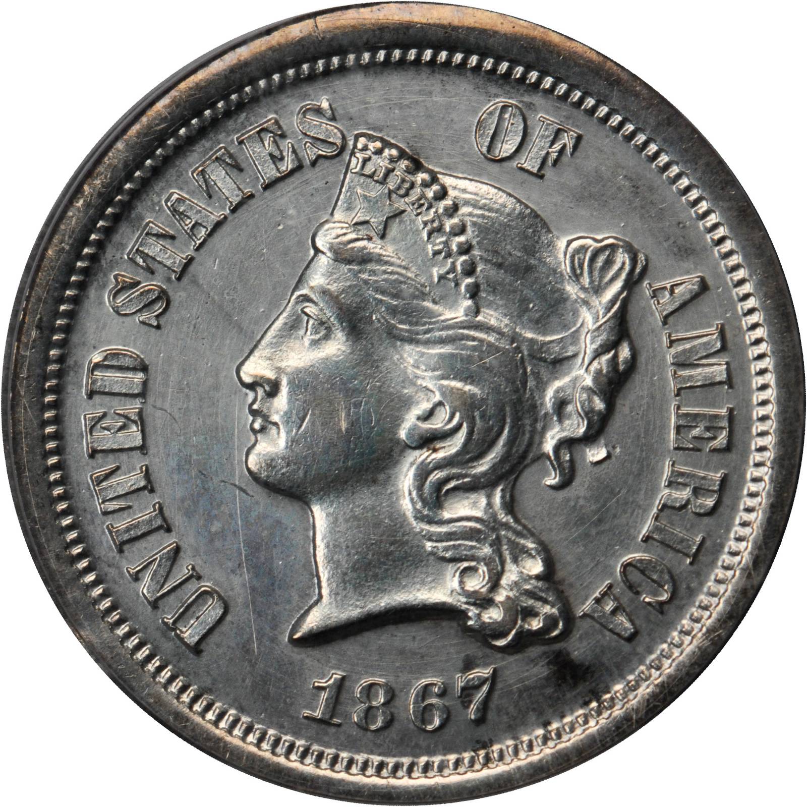 image for: 1867 Pattern Five-Cent Piece. Judd-582, Pollock-642. Rarity-8. Proof-61 (PCGS).