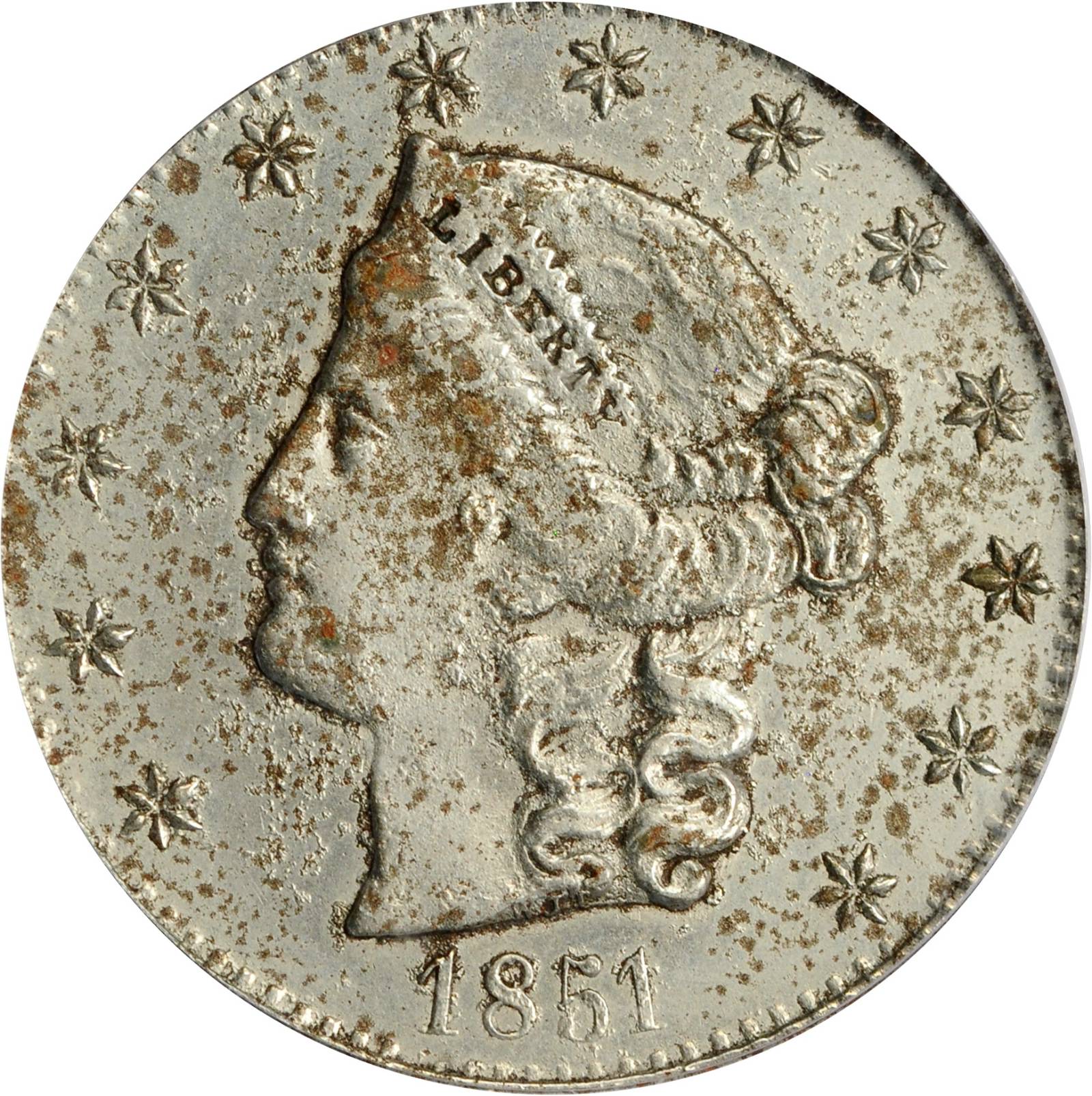 image for: 1851 San Francisco Standard Mint Pattern $5. K-1. Rarity-7+. Genuine--Code 97, Environmental Damage (PCGS).