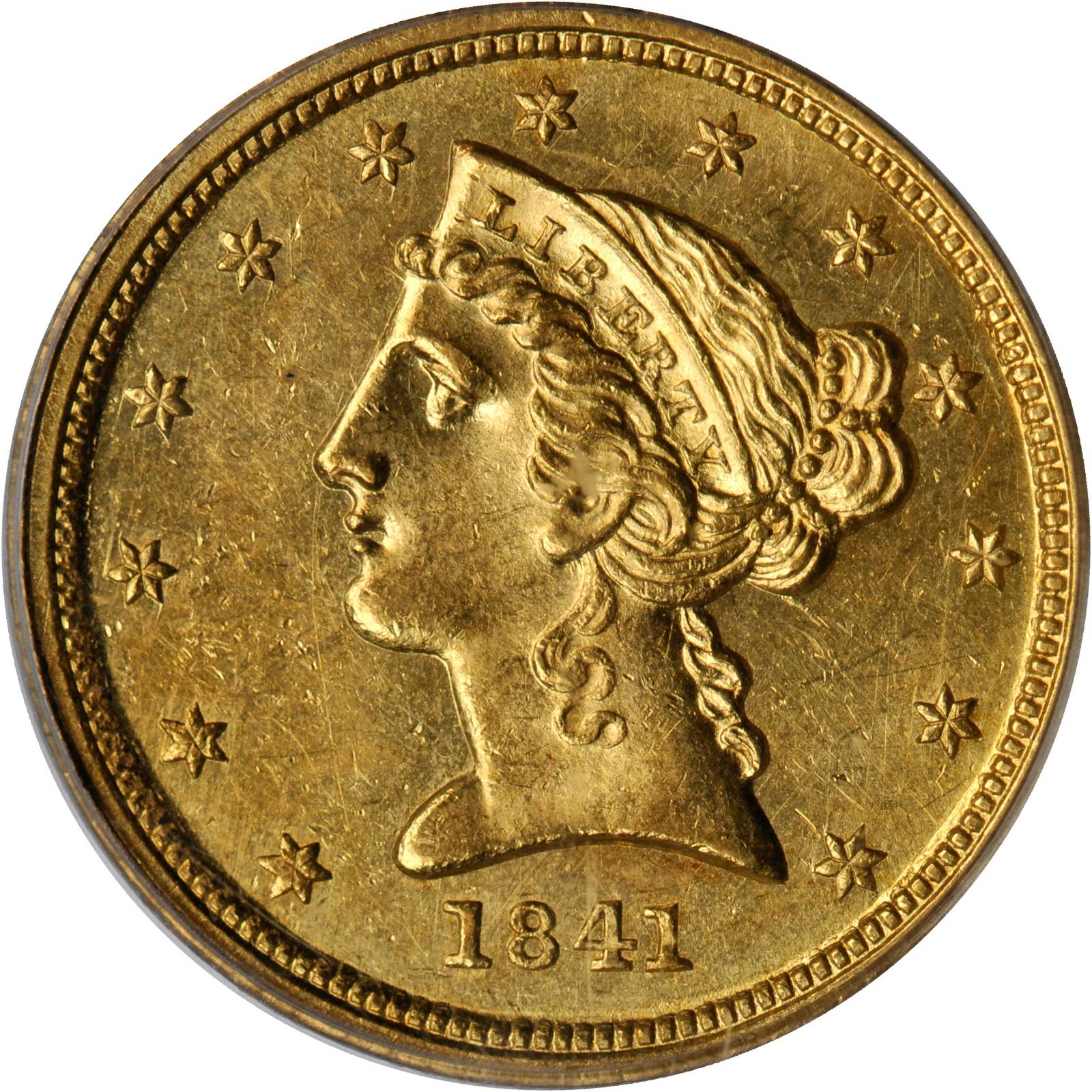 image for: 1841-C Liberty Half Eagle. Winter Variety 1 (3-C), the only known dies. MS-62+ (PCGS). Secure Holder.