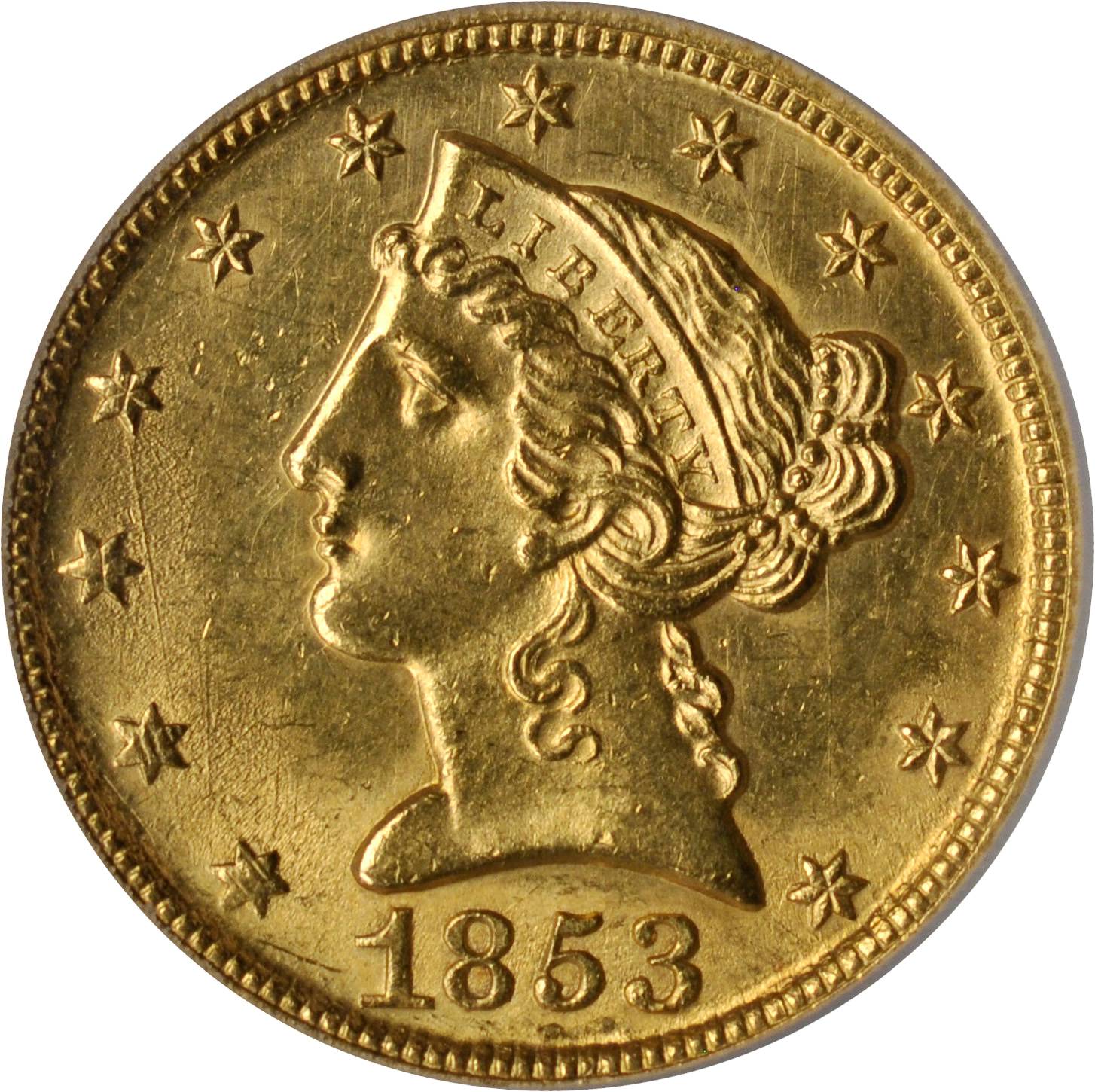 image for: 1853-D Liberty Half Eagle. Winter 29-W. Medium D. AU-58 (PCGS).
