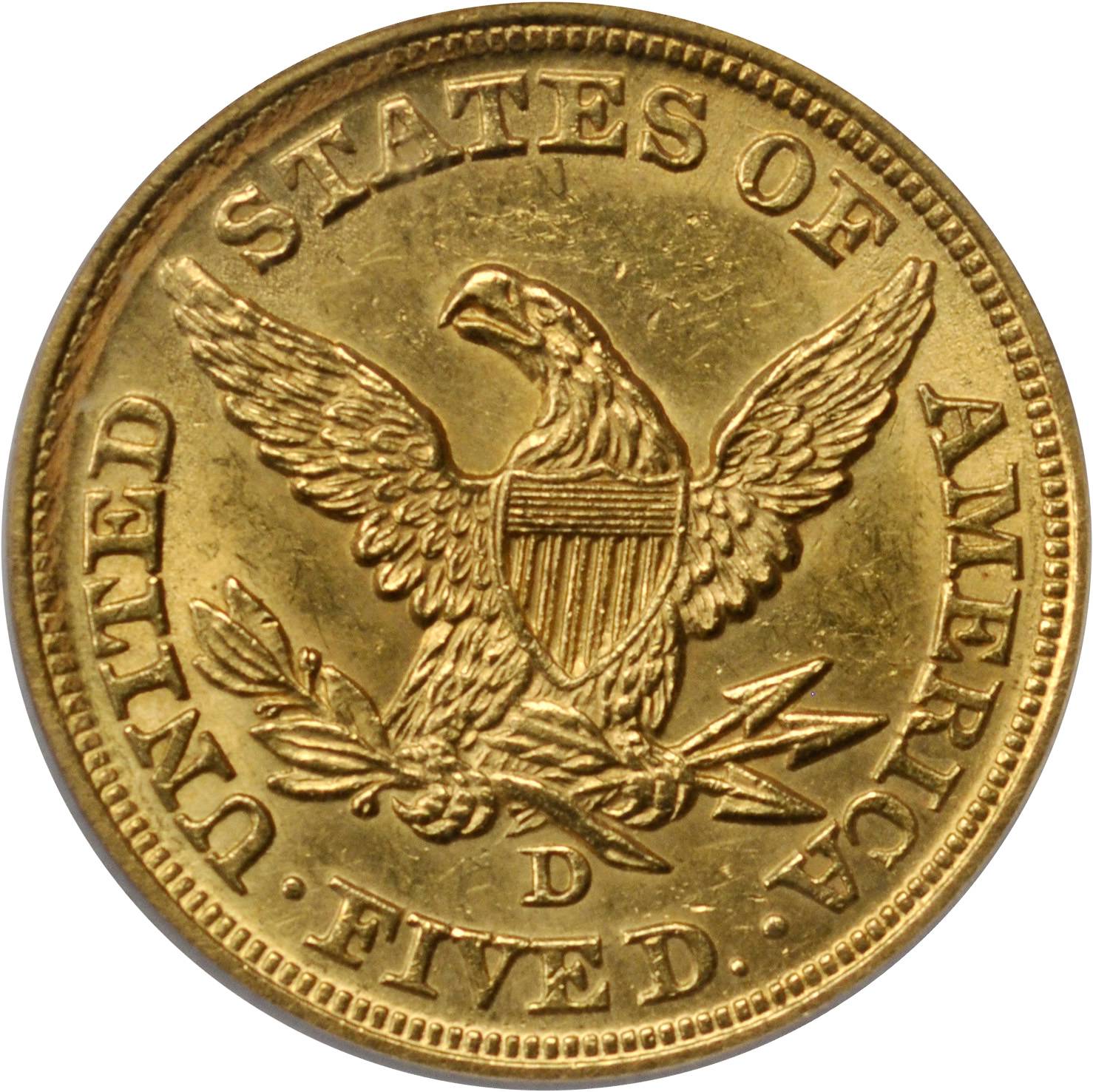 image for: 1853-D Liberty Half Eagle. Winter 29-W. Medium D. AU-58 (PCGS).