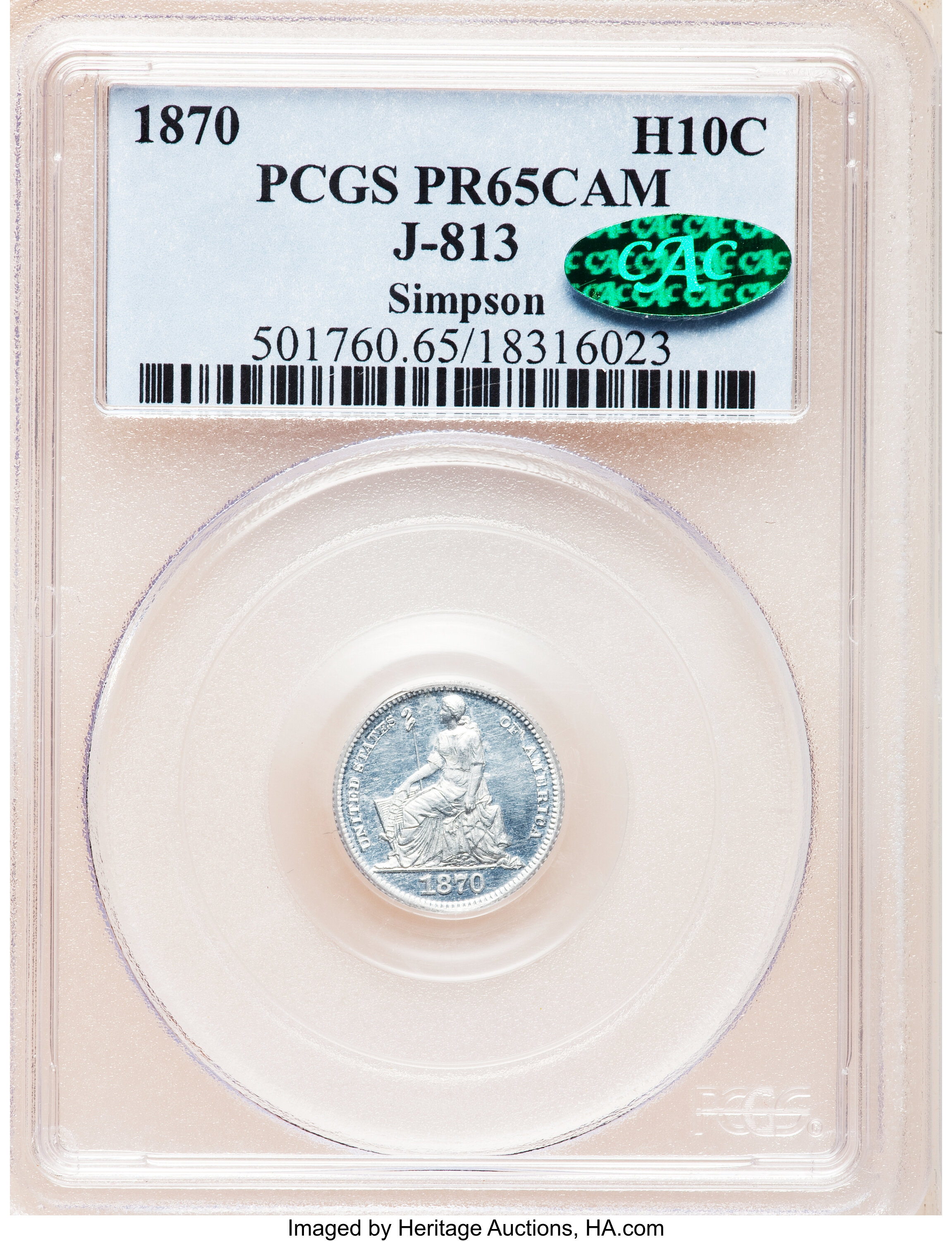 image for: 1870 H10C Standard Silver Half Dime, Judd-813, Pollock-902, High R.7, PR65 Cameo PCGS. CAC....