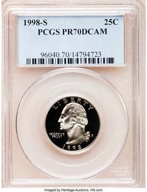 image for: 1998-S 25C Clad PR70 Deep Cameo PCGS. PCGS Population (157). NGC Census: (216). Numismedia Wsl. Price for problem free NGC...