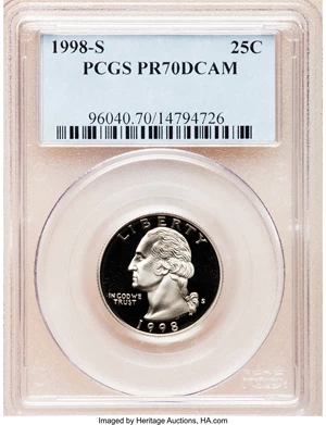 image for: 1998-S 25C Clad PR70 Deep Cameo PCGS. PCGS Population (157). NGC Census: (216). Numismedia Wsl. Price for problem free NGC...