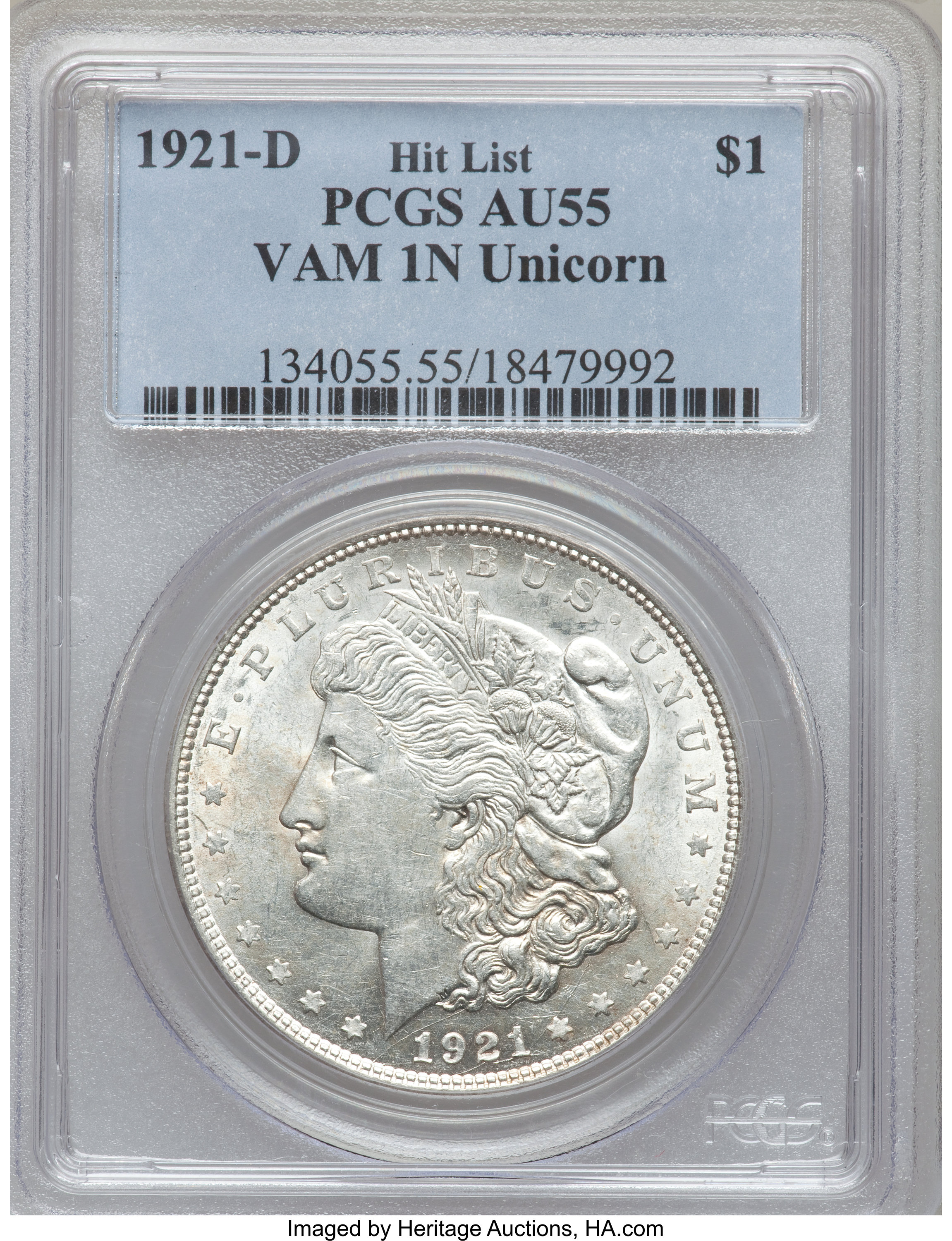 1921-D $1 --Unicorn--AU55 PCGS.Vam In Hit List. PCGS Population (8/38). NGC Census: (0/0). (#134055)...