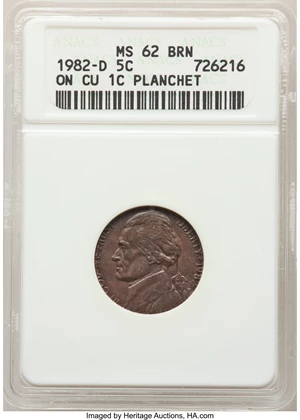 image for: 1982-D 5C Jefferson Nickel -- Struck on Copper 1C Planchet -- MS62 ANACS....