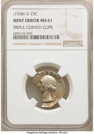 image for: (19)86-D 25C Washington Quarter -- Triple Curved Clips -- MS61 NGC....
