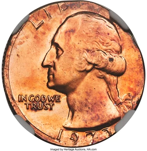 image for: 1973-S 25C Washington Quarter -- Double Struck on Cent Planchet -- PR65 Red and Brown NGC. (3.1 grams). The date is distor...
