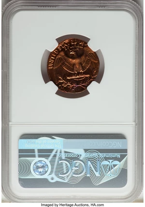 image for: 1973-S 25C Washington Quarter -- Double Struck on Cent Planchet -- PR65 Red and Brown NGC. (3.1 grams). The date is distor...