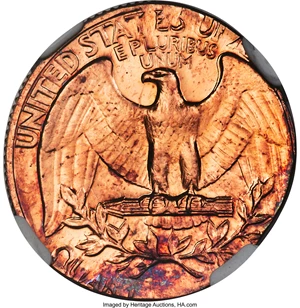 image for: 1973-S 25C Washington Quarter -- Double Struck on Cent Planchet -- PR65 Red and Brown NGC. (3.1 grams). The date is distor...