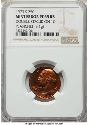 image for: 1973-S 25C Washington Quarter -- Double Struck on Cent Planchet -- PR65 Red and Brown NGC. (3.1 grams). The date is distor...