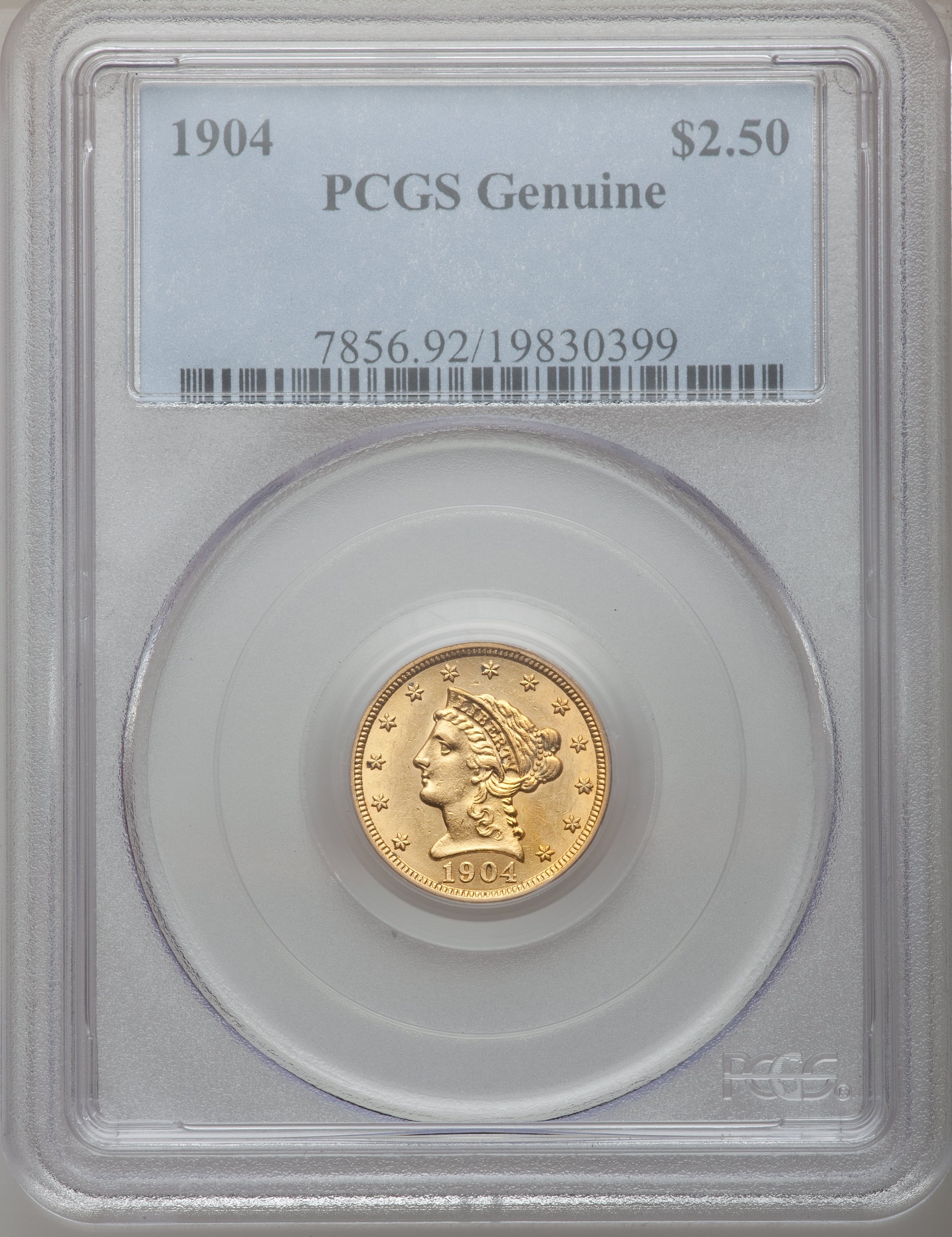 1904 $2 1/2 PCGS Genuine. The PCGS number ending in .92 suggests cleaned as the reason, or perhaps one of the reasons, that...