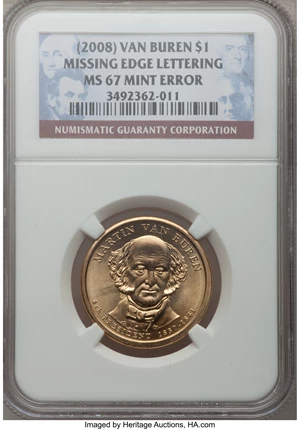 image for: (2008) $1 Martin Van Buren Presidential Dollar --Missing Edge Lettering--MS67 NGC....
