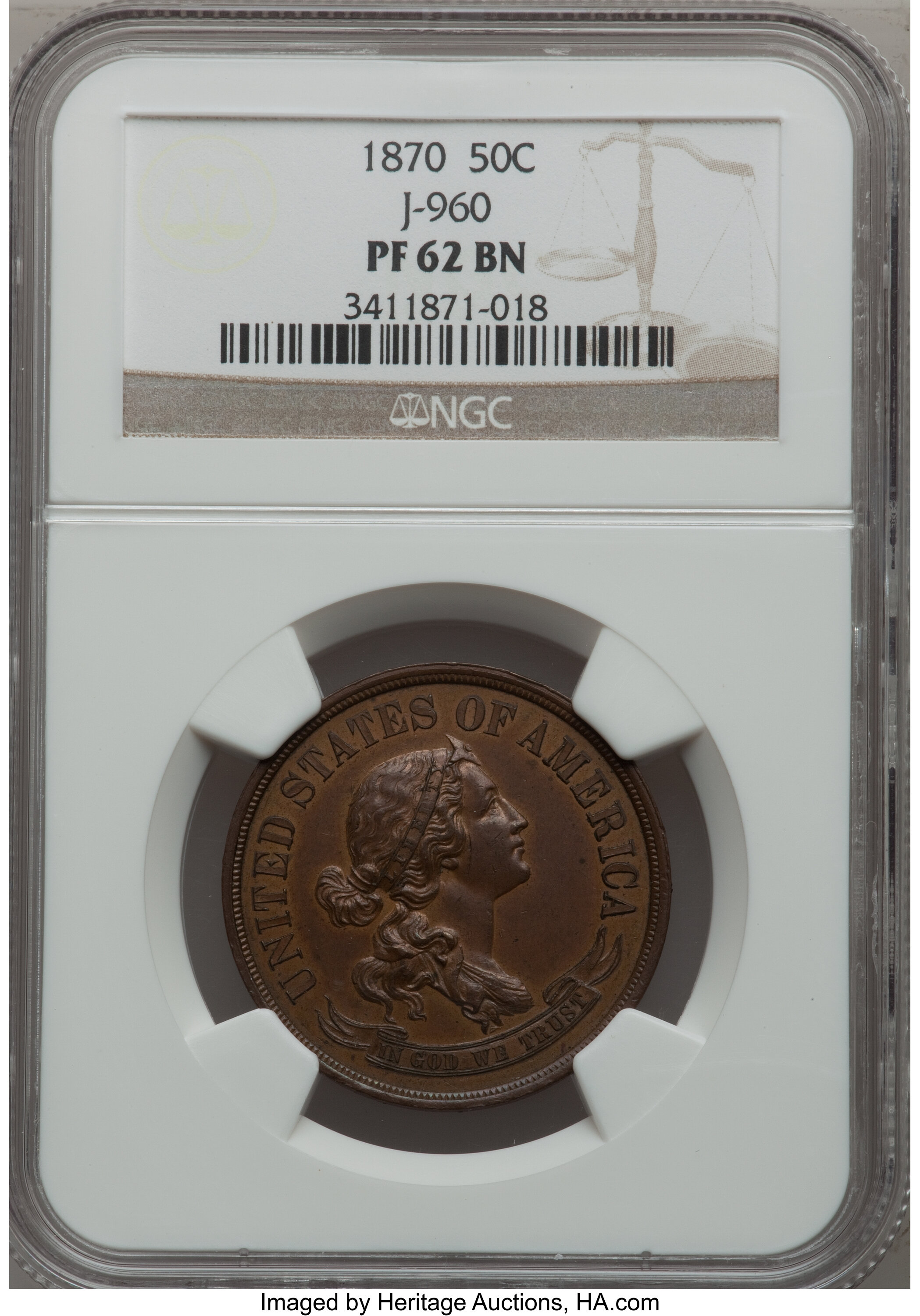 image for: 1870 50C Standard Silver Half Dollar, Judd-960, Pollock-1112, Low R.7, PR62 Brown NGC....