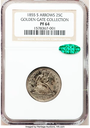 image for: 1855-S 25C Arrows PR64 NGC. CAC....