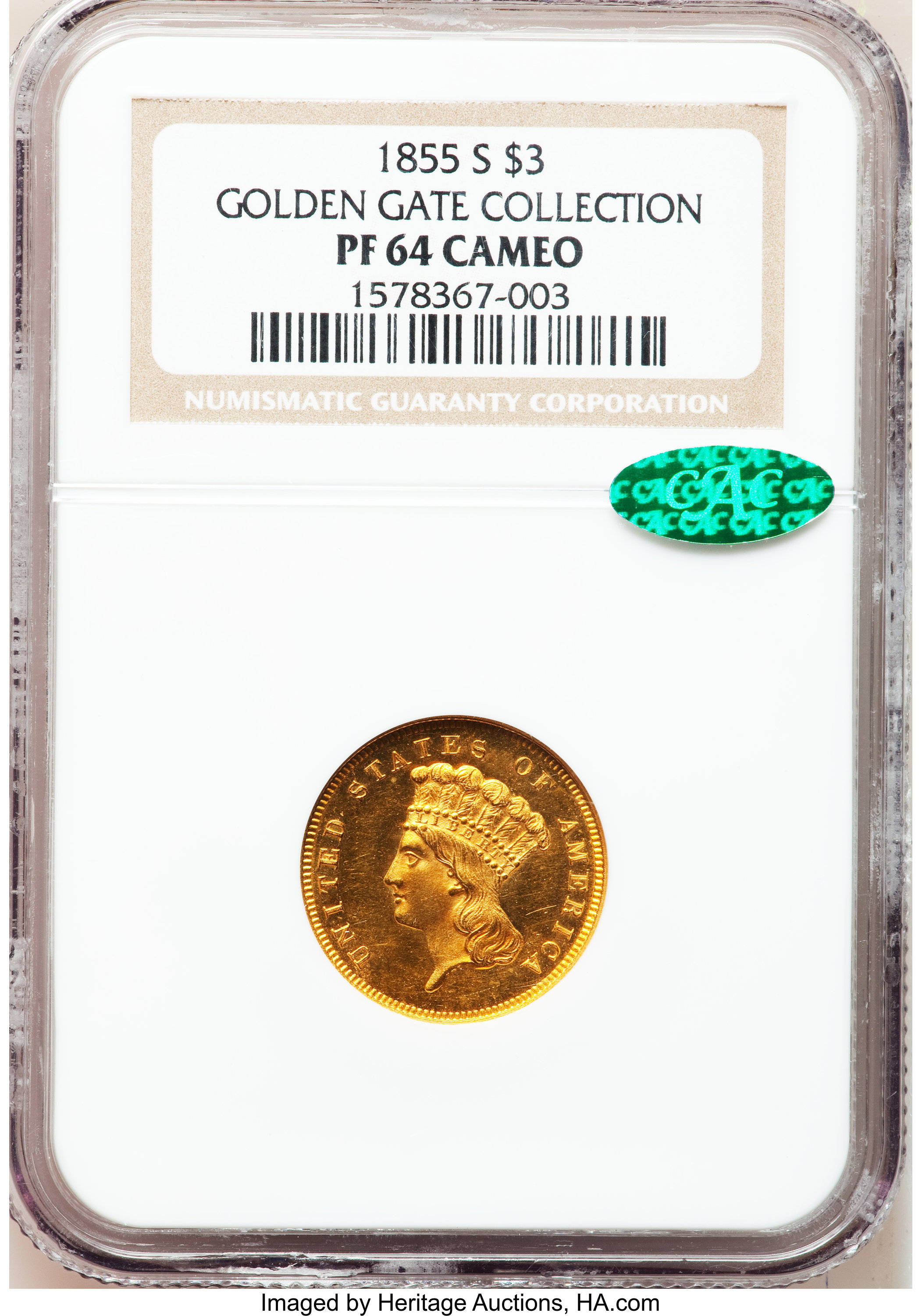 image for: 1855-S $3 PR64 Cameo NGC. CAC....