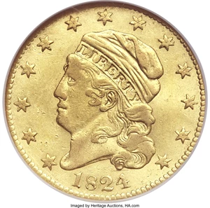image for: 1824 $5 AU53 NGC. Breen-6482, BD-1, High R.5. ...