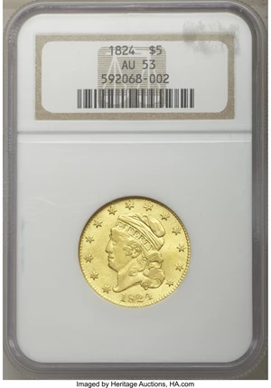 image for: 1824 $5 AU53 NGC. Breen-6482, BD-1, High R.5. ...