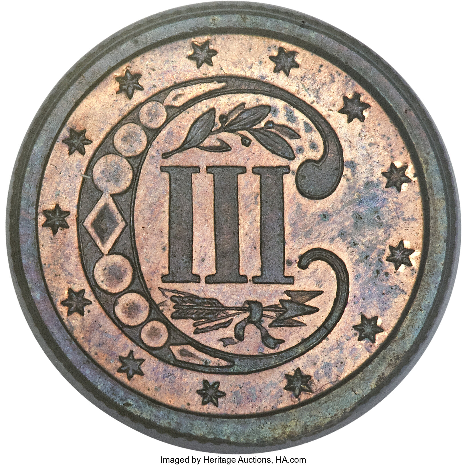 image for: 1870 3CS Three Cent Silver, Judd-799, Pollock-886, R.6-7, PR65 Red and Brown PCGS. CAC....