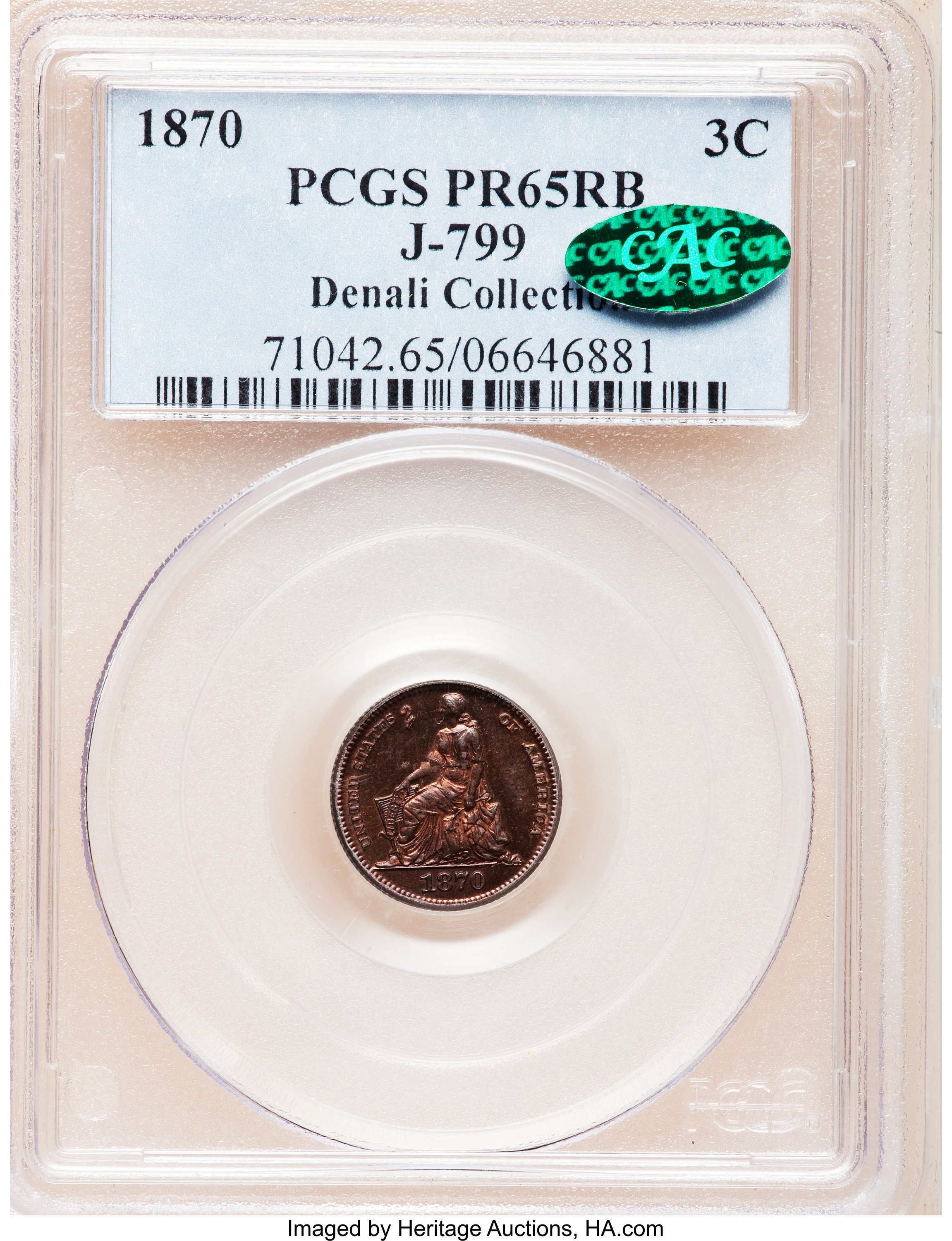 image for: 1870 3CS Three Cent Silver, Judd-799, Pollock-886, R.6-7, PR65 Red and Brown PCGS. CAC....
